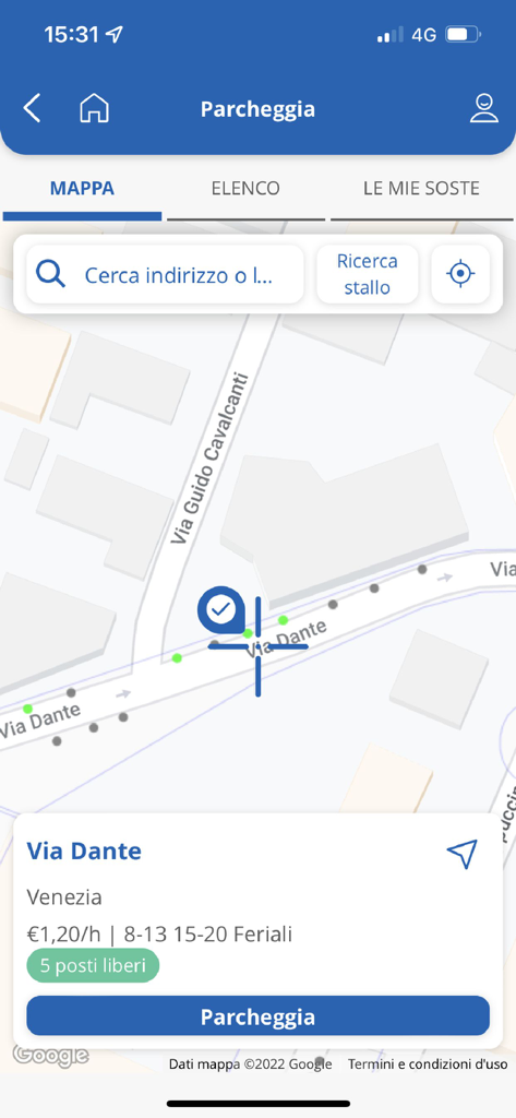AVM Venezia Official App - ヴェネツィアの駐車スペースと時間あたりの料金を表示するAVM Veneziaアプリのマップ画面