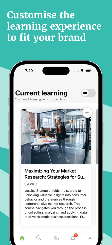Totara - Totara Mobile app showing a customized course interface for professional market research training
