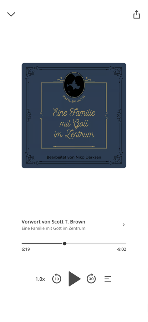 Christliche Medien - Oberfläche der Christliche Medien App zeigt einen Audio-Player für ein christliches Hörbuch mit Wiedergabesteuerung