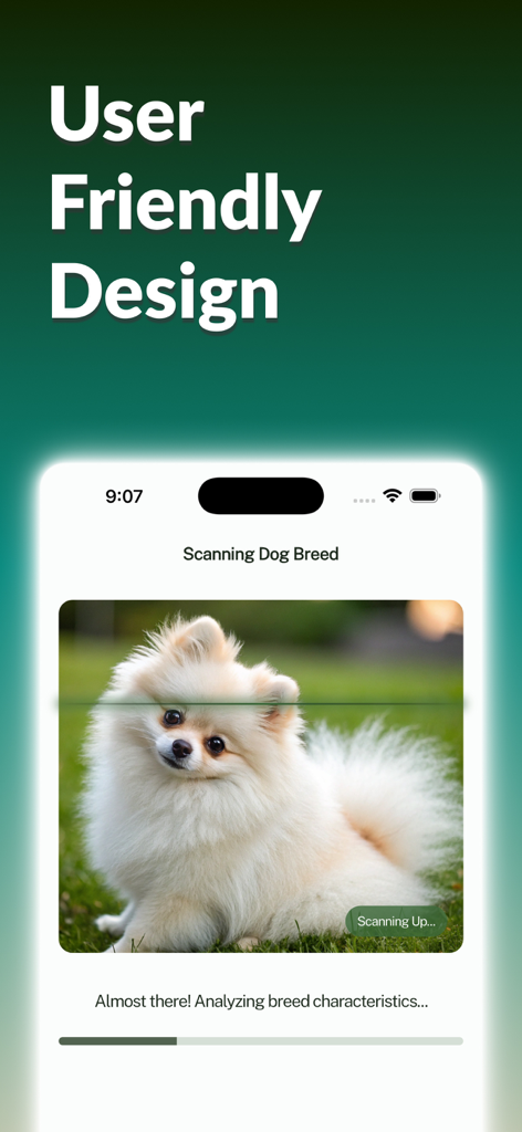 Dog Breed Identifier: Dog Care - User friendly interface of the Dog Breed Identifier app scanning a fluffy white dog breed