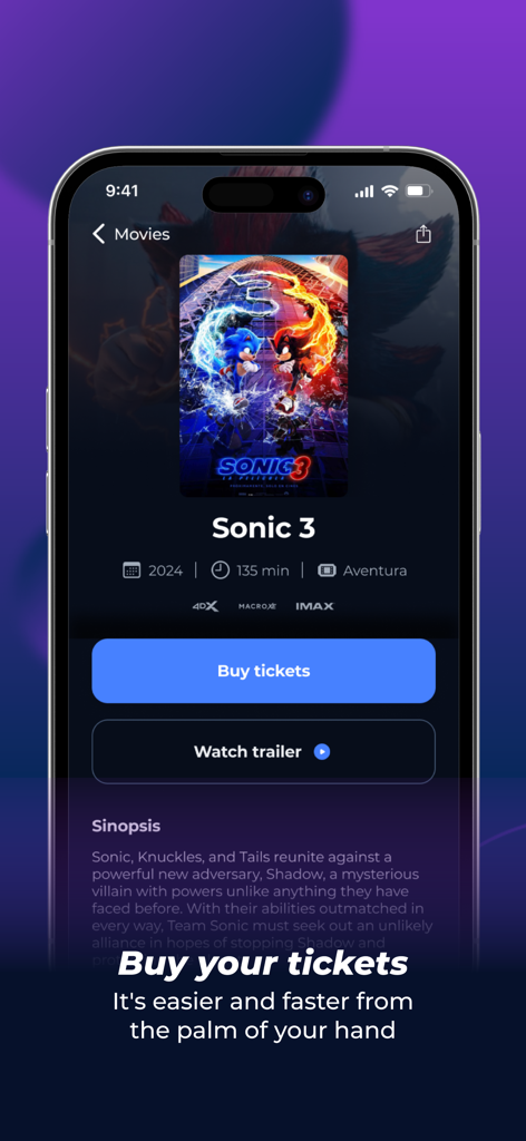 Cinépolis Go app screenshot showing Sonic 3 movie details with buy tickets and watch trailer buttons