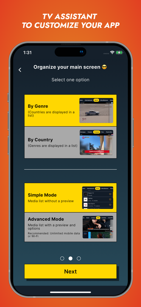 Interfaccia di Orbitv TV Assistant per personalizzare il layout della schermata principale e le modalità di visualizzazione