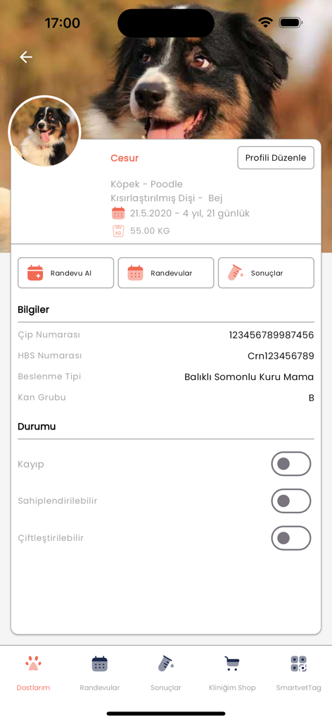 SmartVET - 健康記録と予約ボタンが表示された、犬のペットプロフィールを示すSmartVETモバイルアプリの画面