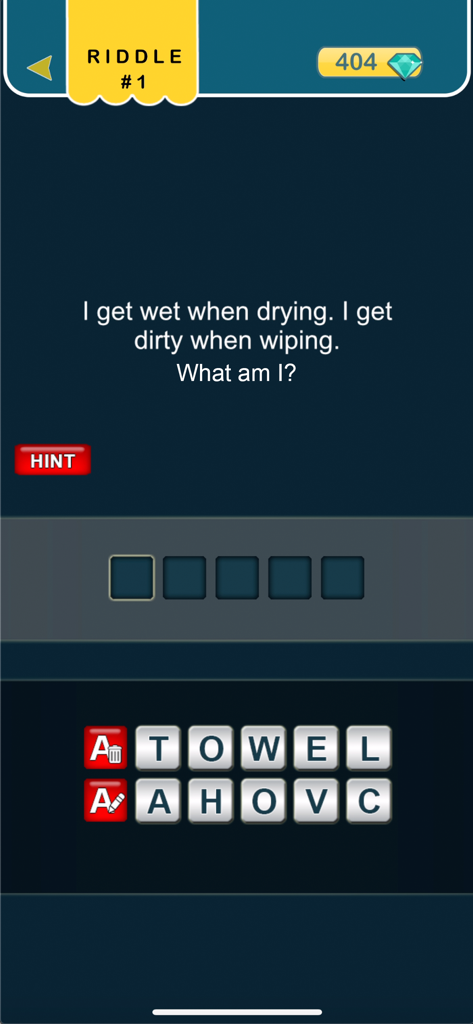 What am I? riddles - Word game - Gameplay screen of a riddle word game showing a level asking what gets wet when drying with letter tiles to solve the puzzle.