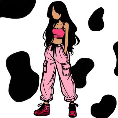 girl in baggy pants crop top and long hair