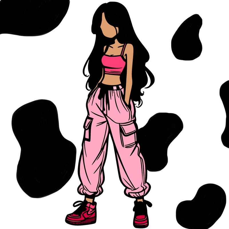 girl in baggy pants crop top and long hair