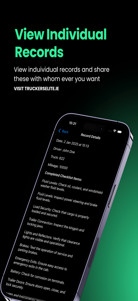 A mobile screen showing detailed vehicle inspection records including driver name truck ID and completed checklist items