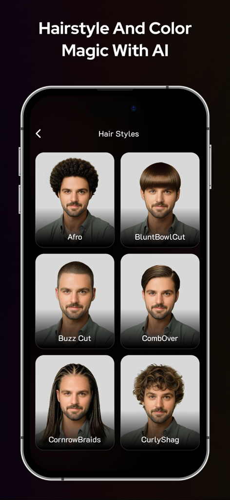 Interface do aplicativo móvel Hairstyle AI mostrando vários cortes de cabelo masculinos como buzz cut e afro
