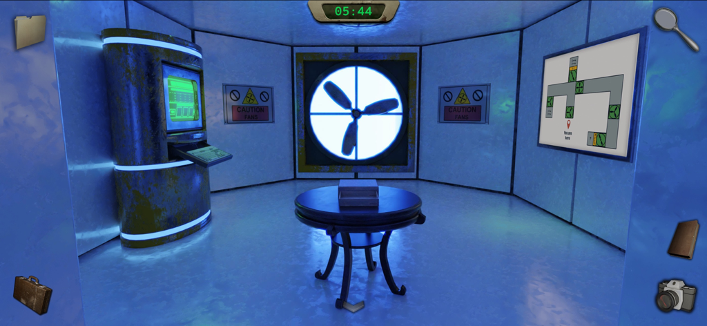 Uma sala de quebra-cabeça futurista no jogo Recursão apresentando um mapa de parede e um cronômetro regressivo.