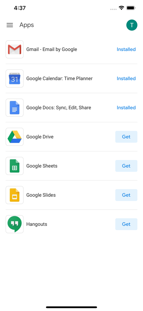 Lista de aplicaciones de Google Workspace administradas dentro de la interfaz de la aplicación Google Device Policy