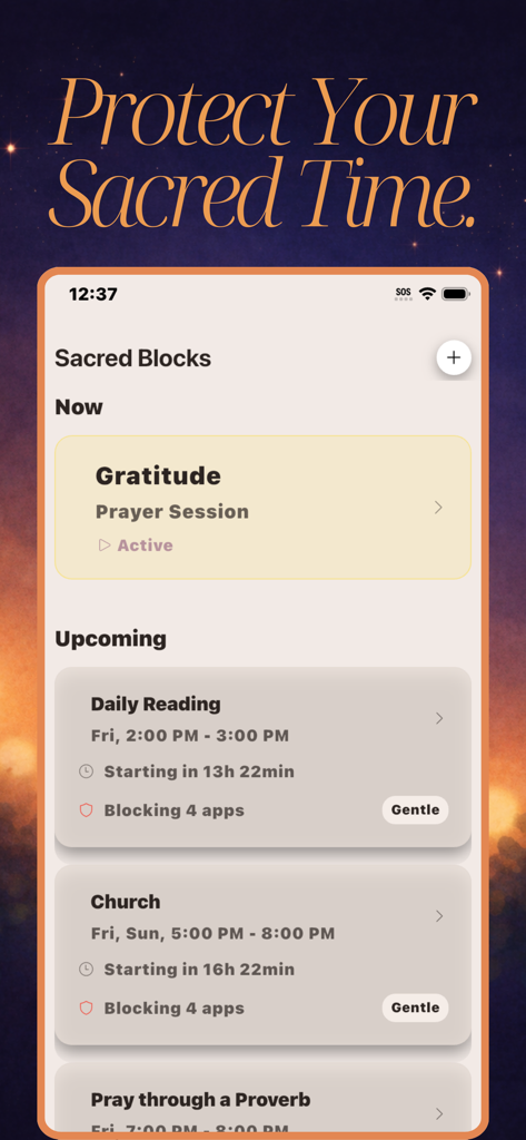 Bible ASMR - Interface of the Bible ASMR app showing the Sacred Blocks feature for scheduling prayer sessions and blocking distracting apps