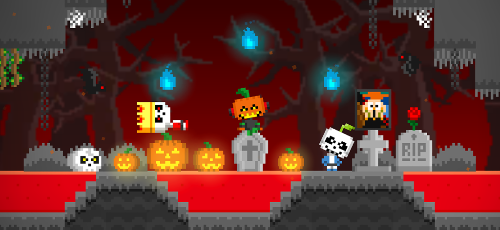 BOKU BOKU - Eine gruselige Halloween-Pixel-Art-Szene in BOKU BOKU mit Kürbislaternen, Skeletten und Grabsteinen.
