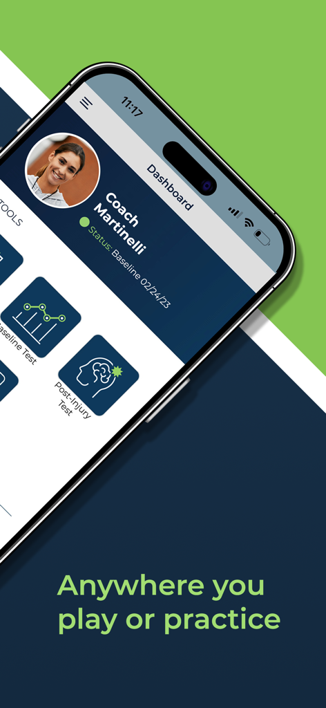 HitCheck: Cognitive Assessment - Dashboard der HitCheck-App, das Optionen für kognitive Tests und Profilinformationen des Trainers anzeigt