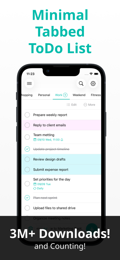 Minimal Tabbed ToDo List - Pantalla de smartphone que muestra la interfaz de la aplicación Lista de Tareas Minimalista con Pestañas con pestañas categorizadas y tareas codificadas por colores