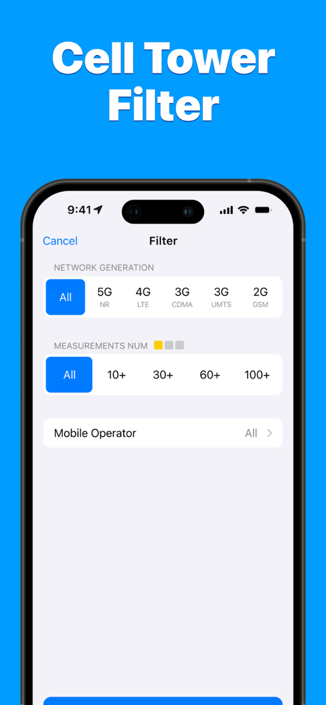 Cell Tower Locator 5G Finder - Cell tower locator app filter screen with 5G 4G and 3G network generation options