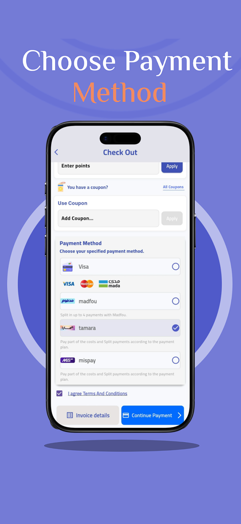 Pantalla de pago de la aplicación de alquiler de coches AbuDiyab que muestra varios métodos de pago, incluyendo Visa Tamara y Madfou