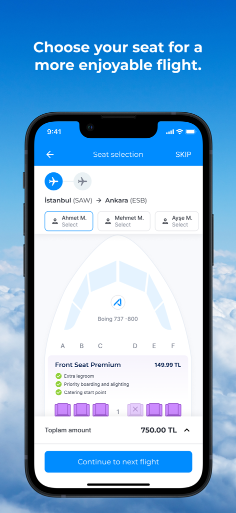 AJet - Cheap Flight Ticket - Écran de sélection de siège dans l'application mobile AJet montrant la carte des sièges de l'avion et les options du passager.