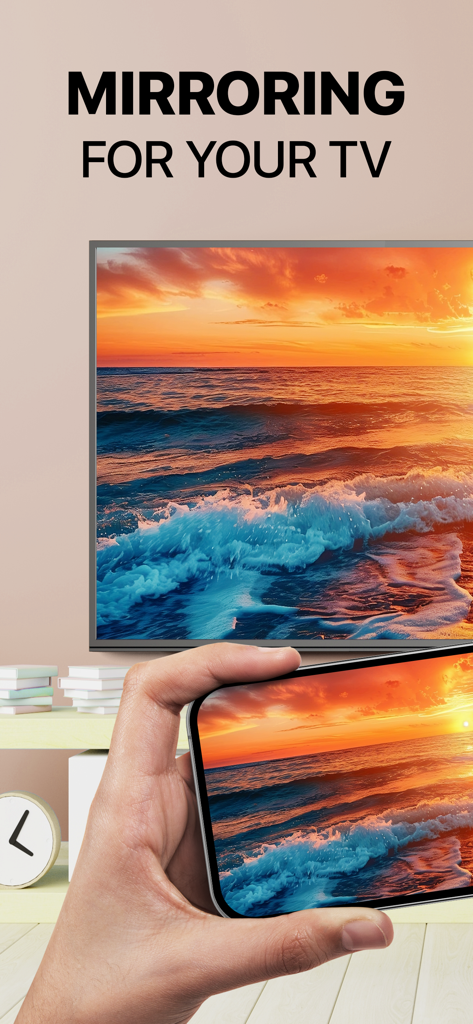 Screen Mirroring App: Smart TV - 큰 스마트 TV 화면으로 석양 동영상을 미러링하는 iPhone