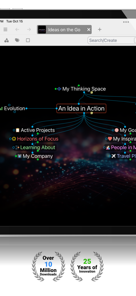 TheBrain: Smart Notes & Links - TheBrain 앱 시각적 마인드 맵 인터페이스는 네트워크 노트와 수상 및 다운로드 배지가 있는 생각 연결을 보여줍니다.