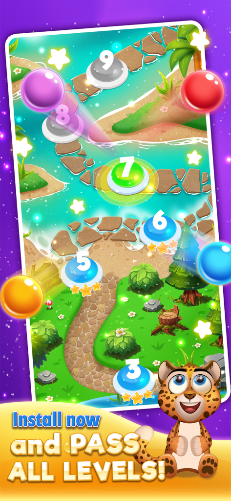 Bubble Pop: Wild Rescue - Bubble Pop Wild Rescue level map featuring a cute cartoon cheetah and numbered game levels
