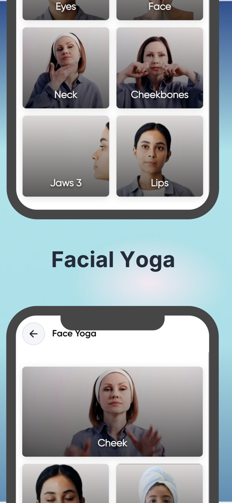 SkinBot AI Skin Care - Interface of the SkinBot AI Skin Care app showing facial yoga exercises for different face areas like neck cheekbones jaws and lips