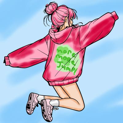 realistic girl jumping with a bun and oversized sweatshirt