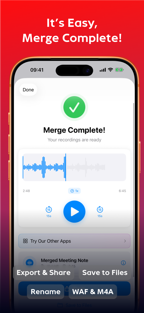 Merge Voice Memos : MemoMerger - iPhone screenshot of the MemoMerger app showing a successful voice memo merge with an audio waveform and export options