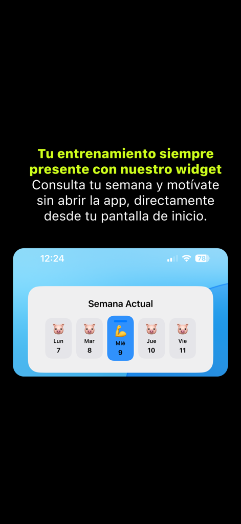 Vamos al Gym - Vamos al Gym app home screen widget displaying a weekly workout progress tracker with pig and muscle arm icons