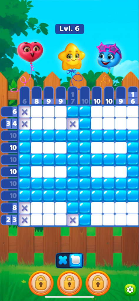 Nonogram Seasons: Pixel Puzzle - Gameplay screenshot of Nonogram Seasons showing a 10 by 10 grid puzzle with cute animated balloon characters
