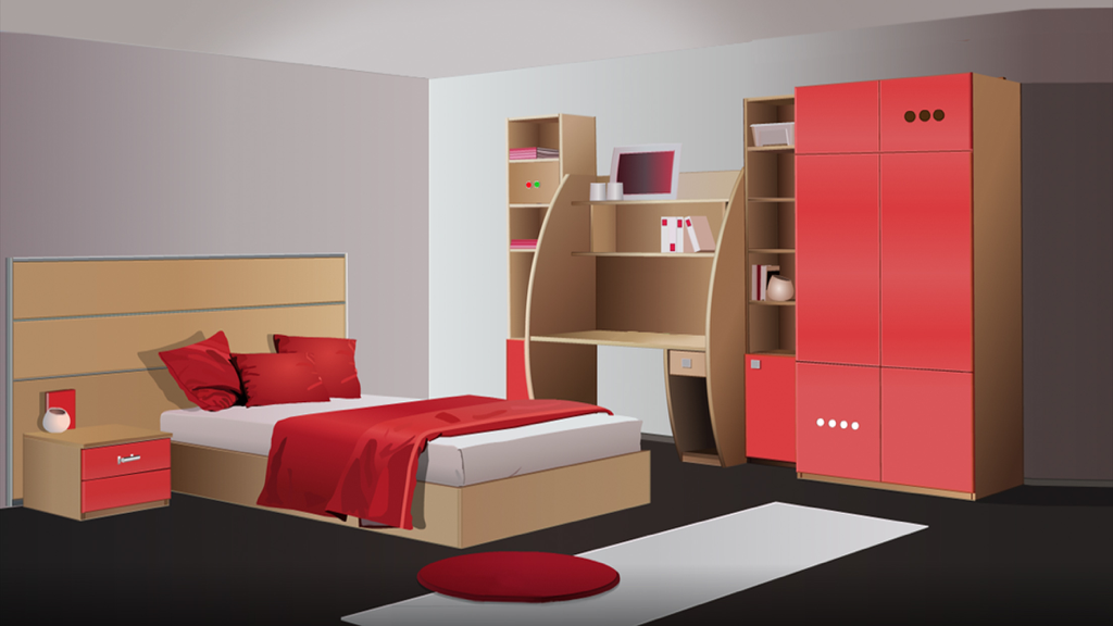 Prison Escape games-the room's secret 14 - Modern red and beige bedroom interior from an escape room puzzle game