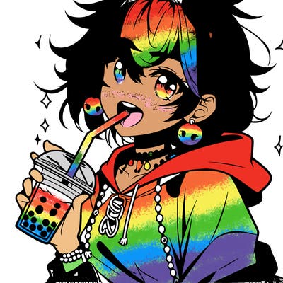hot baddie anime girl drinking boba and biting the straw