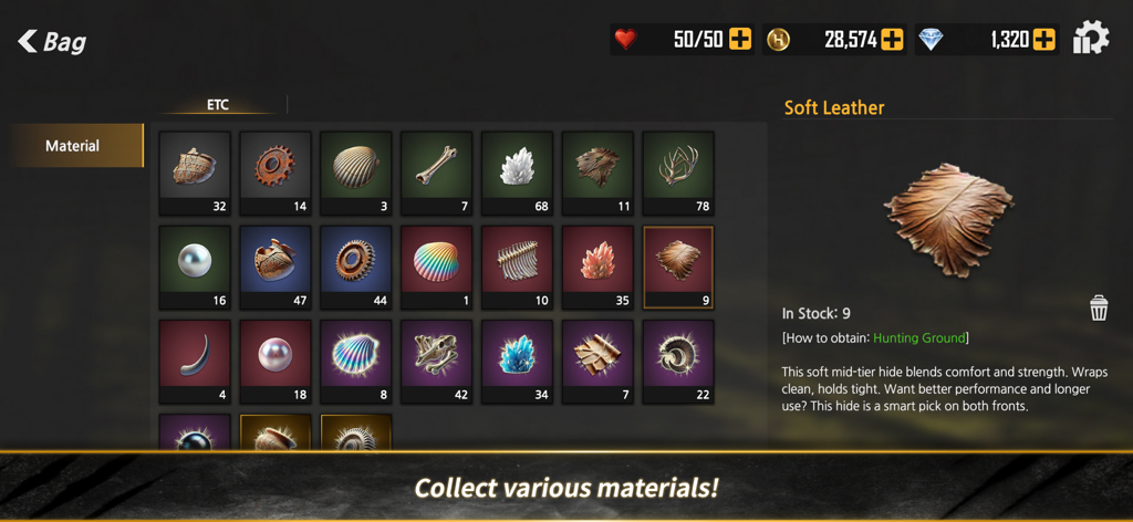 Hunt And Hook:Frontier - Inventory screen showing various materials like soft leather and shells collected in Hunt and Hook Frontier