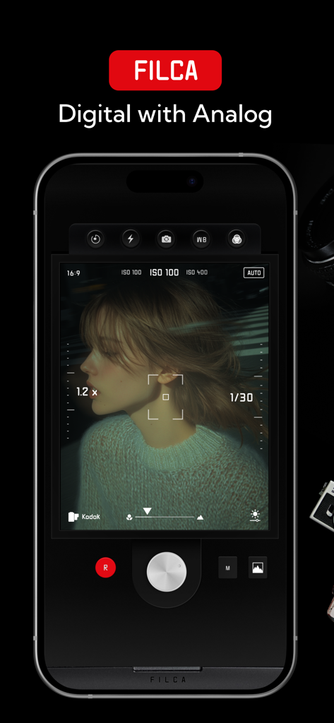 Smartphone displaying FILCA vintage film camera manual controls and portrait