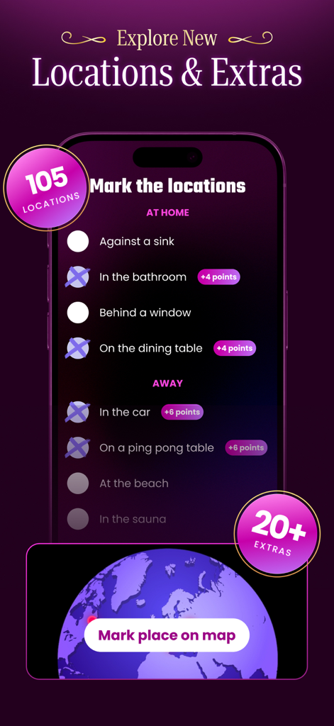 Oberfläche der Scratch Adventure App, die eine gamifizierte Checkliste von Orten und eine Karte zur Verfolgung von Paar-Herausforderungen zeigt.
