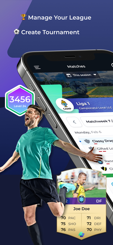 4league - Tournament Maker - La interfaz de la aplicación 4league para gestionar ligas deportivas y seguir estadísticas de jugadores.