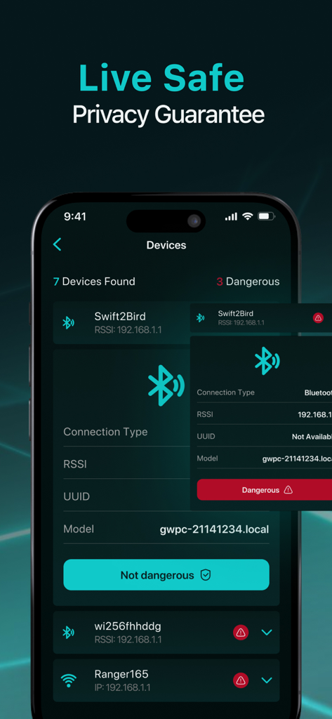 Spy Camera Detector & Scanner - Écran de smartphone montrant l'application Spy Camera Detector identifiant les appareils sans fil dangereux et sûrs lors d'un scan.