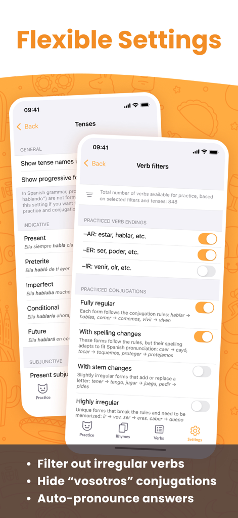 ConjuGato: Learn Spanish Verbs - ConjuGato app interface showing flexible settings for filtering Spanish verb tenses and endings.