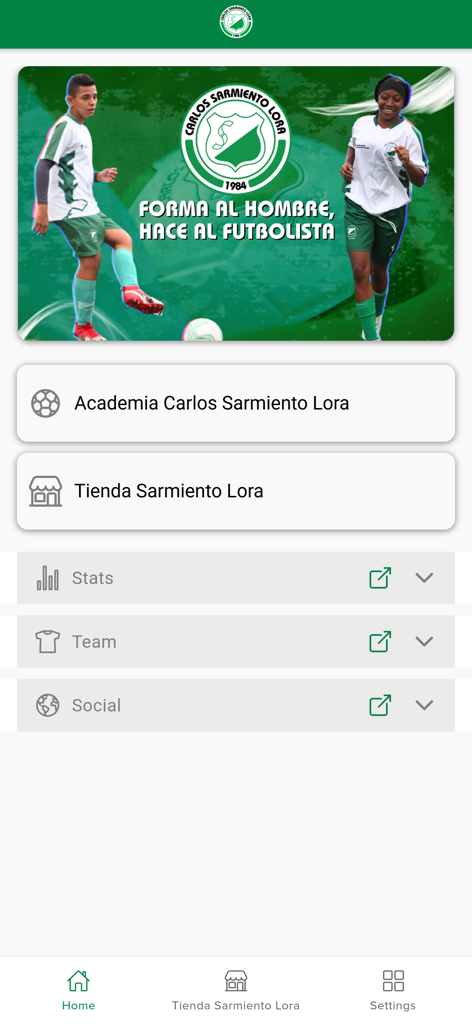 EF Carlos Sarmiento Lora - Home screen of the EF Carlos Sarmiento Lora app showing links to academy news, store, and statistics