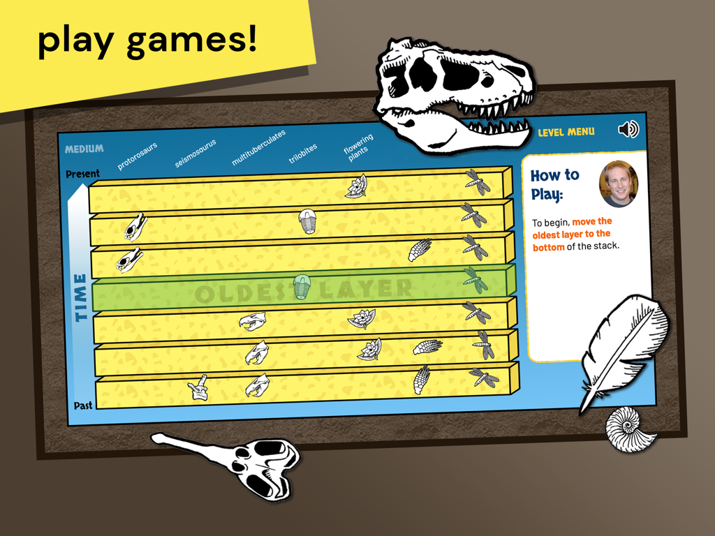 Educational paleontology game for kids showing geological time layers and fossils