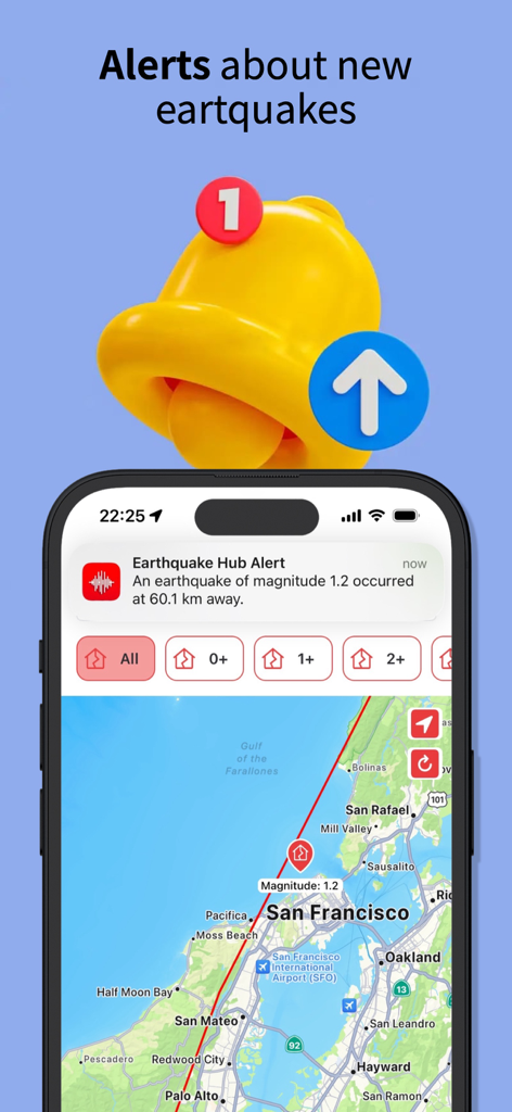Earthquake Hub - Application Earthquake Hub affichant une notification d'alerte sismique en temps réel sur un écran d'iPhone avec une carte de San Francisco