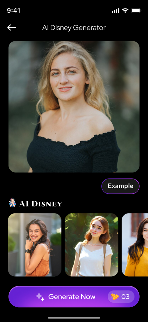 AI Muscle Generator - BodyGoal - ポートレート写真とスタイルオプションが表示されているAIディズニージェネレーターアプリのインターフェース