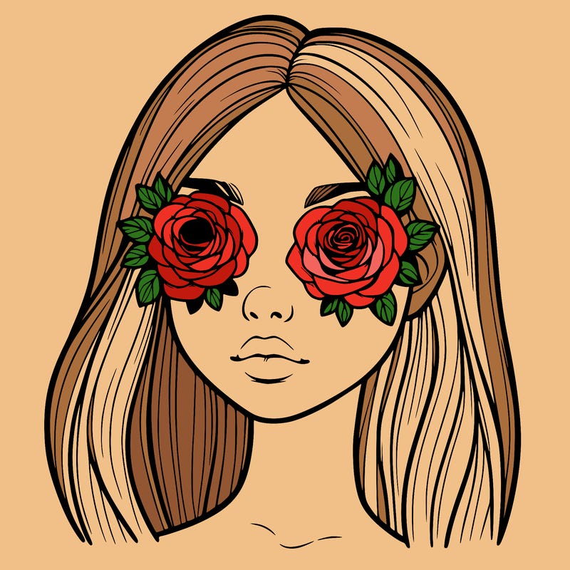 a realistic girl with roses for eyes