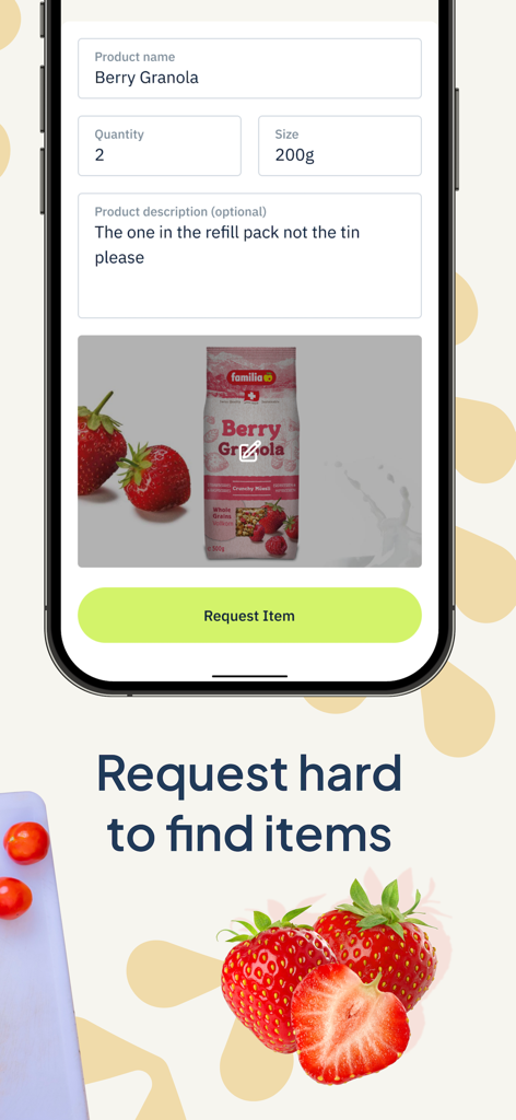 GoLemon: Grocery & Essentials - Mobile interface of GoLemon app showing a feature to request hard to find grocery items like berry granola