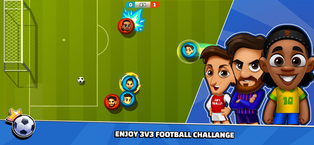 Super Soccer - 3V3 - Gameplay screenshot of Super Soccer 3v3 showing a football match with cartoon characters