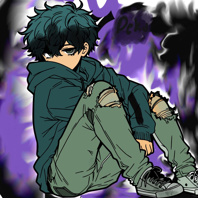 a male hoddie ripped jeans messy hair anime