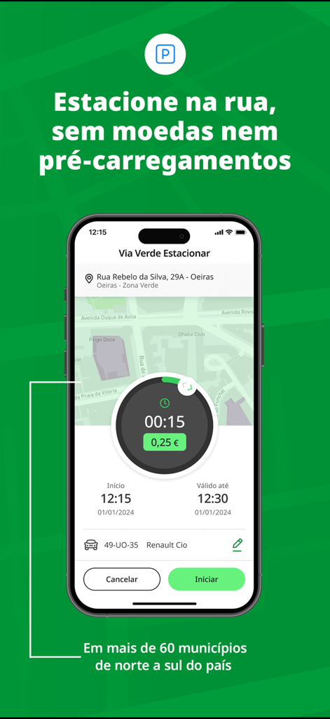 App Via Verde mostrando el pago del aparcamiento en la calle y el temporizador en una pantalla de iPhone