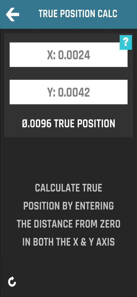 CNC Machinist Calculator Pro - CNC Machinist Calculator Pro app screen showing the True Position calculation tool with X and Y axis coordinate inputs