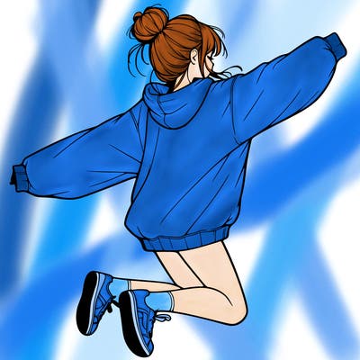 realistic girl jumping with a bun and oversized sweatshirt