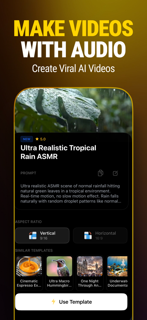 VideoShot app interface displaying a tropical rain ASMR video template with text prompt and aspect ratio settings