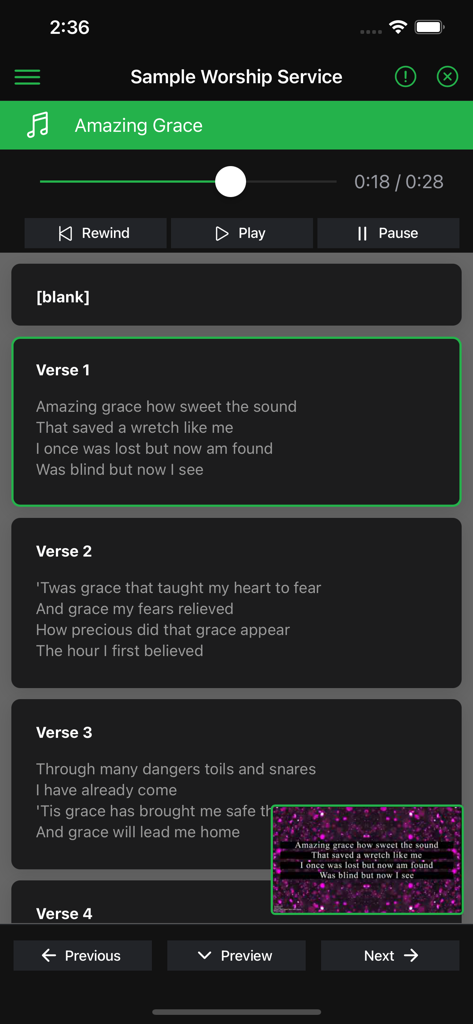 Presenter Remote app interface displaying Amazing Grace song lyrics for a worship service